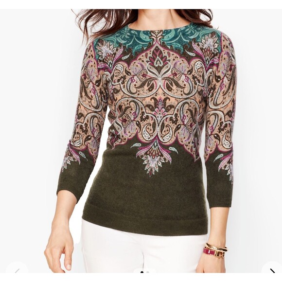 Talbots Womens Audrey Sweater Paisley Cashmere Blend 3/4 Sleeve Size MP - Picture 2 of 11